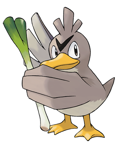 Colourful illustration of the Pokemon called Farfetch'd. It's a bird clutching a spring onion.