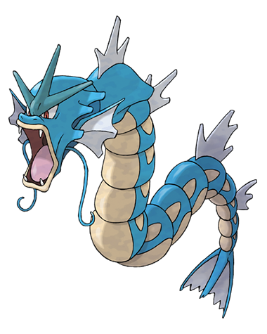 Colourful image of a Pokemon called Gyarados. It looks like a cross between a fish and a dragon. It's quite fierce.